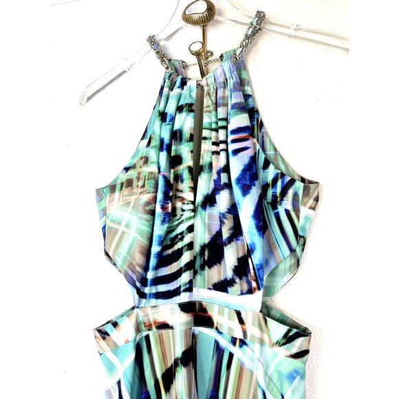 Marciano Kaleidoscope Gown Maxi Dress Chainlink Halter Cut Outs Sz 2 Blue Green - Picture 2 of 10